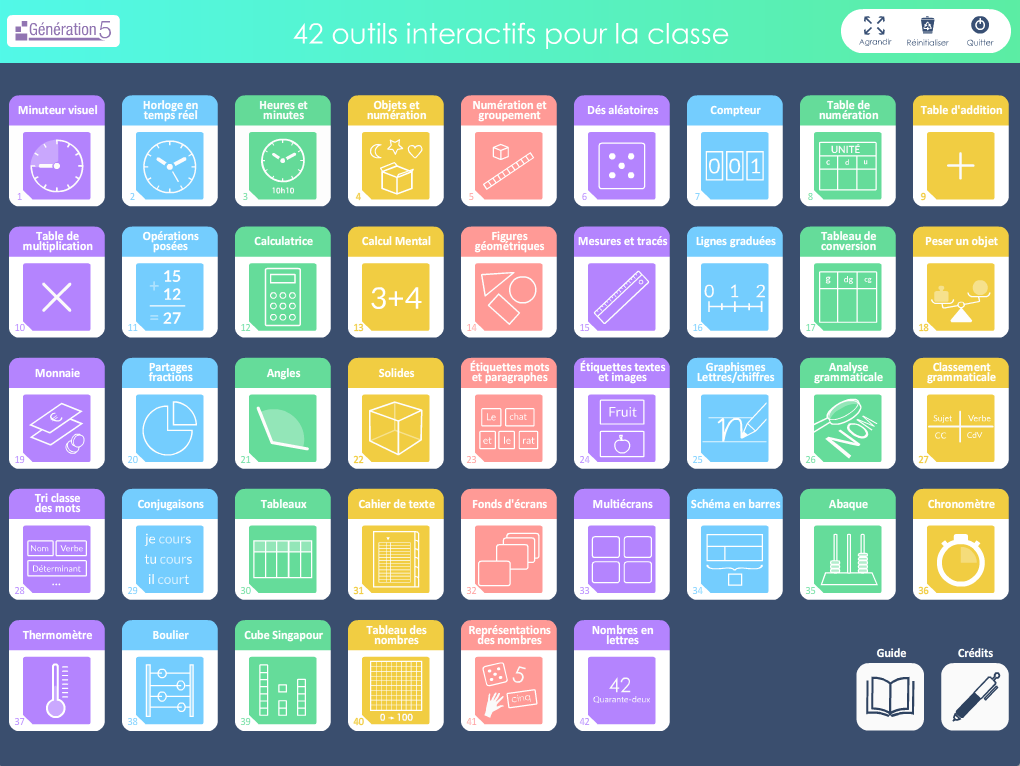 Menu du logiciel 42 outils interactifs pour l'école
