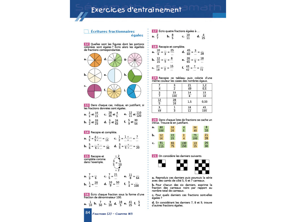 Exercices fractions - Manuel Sésamath 6e (éd. 2013)