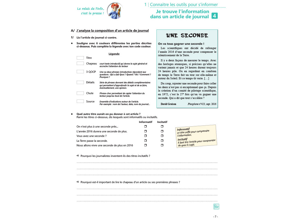Cahier d'activités - connaitre les outils pour d'informer 6e-5e