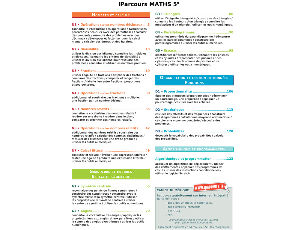 Sommaire des exercices - Cahier iParcours maths 5e