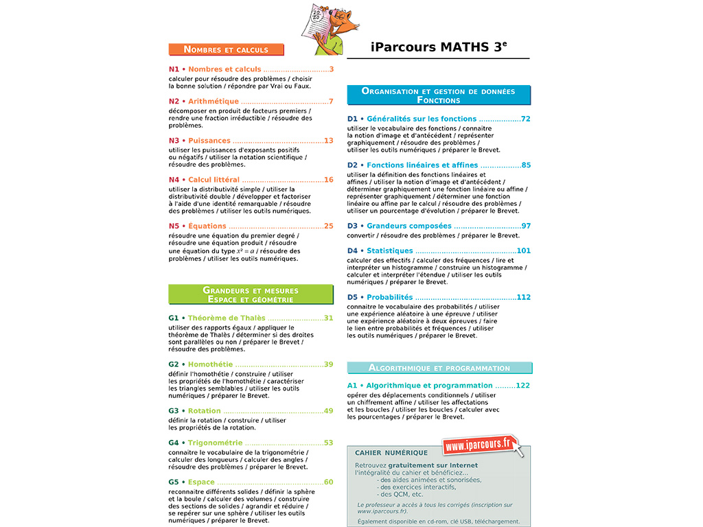 Sommaire des exercices - Cahier iParcours maths 3e