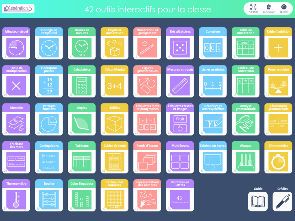 Menu des 42 outils interactifs pour l'école